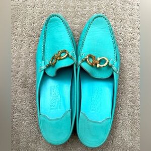 Salvatore Ferragamo teal slide loafers